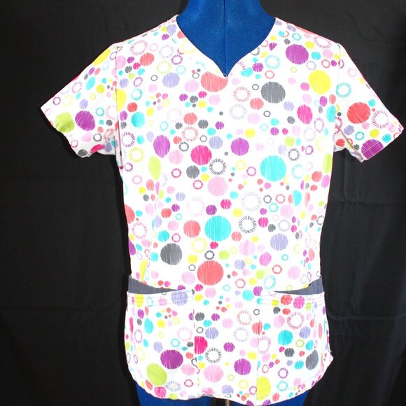 UA Scrubs Women's 4-Pocket V-Neck Scrub Top Multicolor Circles Size XS UA879 - Picture 1 of 10